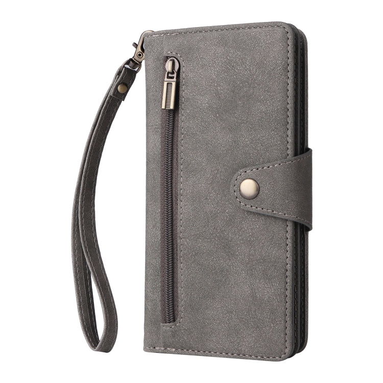 For Google Pixel 4A 5G Rivet Buckle 9 Cards Three Fold Leather Phone Case(Grey) - Google Cases by PMC TechLife | Online Shopping South Africa | PMC TechLife | Buy Now Pay Later Mobicred