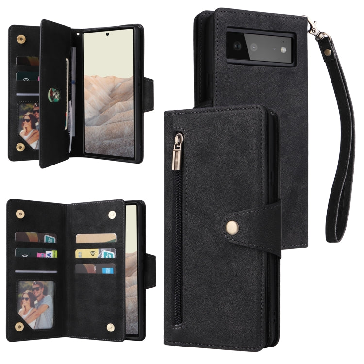 For Google Pixel 6 Rivet Buckle 9 Cards Three Fold Leather Phone Case(Black) - Google Cases by PMC TechLife | Online Shopping South Africa | PMC TechLife | Buy Now Pay Later Mobicred