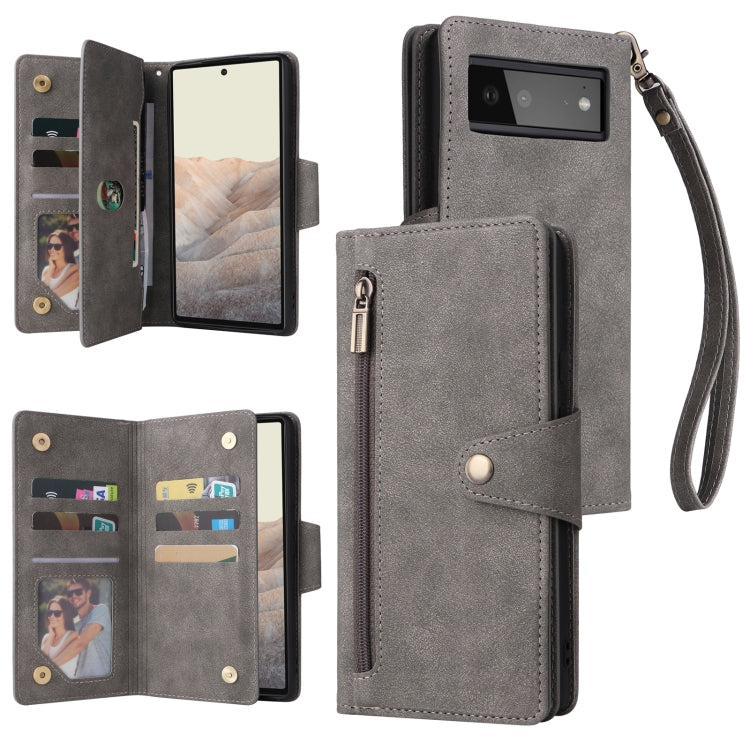 For Google Pixel 6 Rivet Buckle 9 Cards Three Fold Leather Phone Case(Grey) - Google Cases by PMC TechLife | Online Shopping South Africa | PMC TechLife | Buy Now Pay Later Mobicred