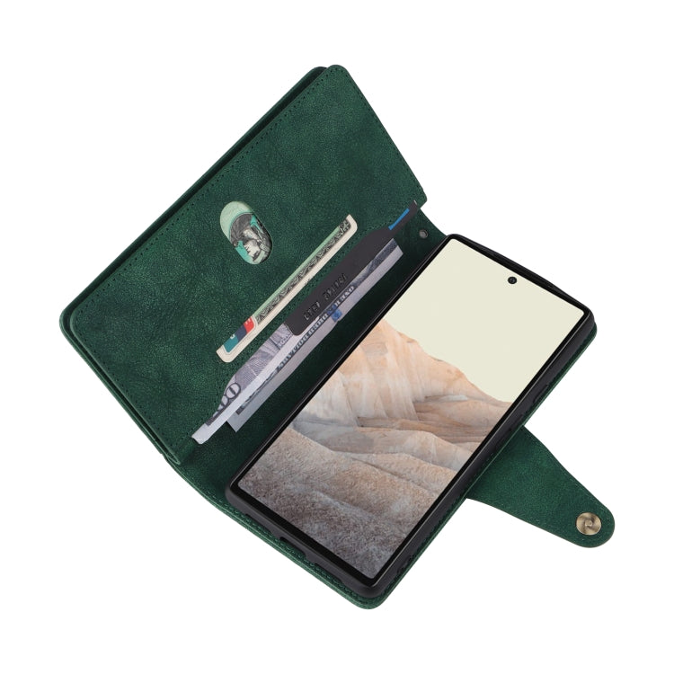 For Google Pixel 6 Rivet Buckle 9 Cards Three Fold Leather Phone Case(Green) - Google Cases by PMC Jewellery | Online Shopping South Africa | PMC Jewellery | Buy Now Pay Later Mobicred