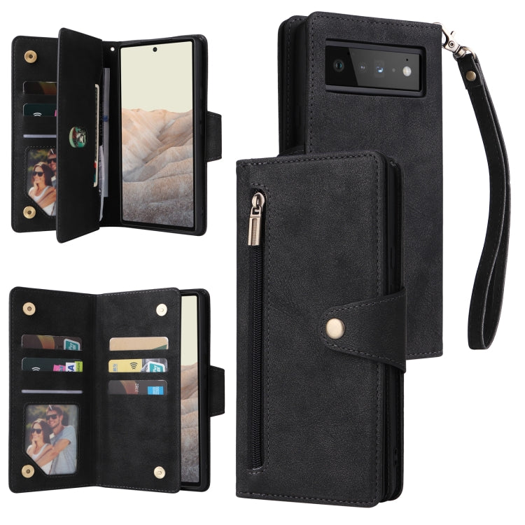 For Google Pixel 6 Pro Rivet Buckle 9 Cards Three Fold Leather Phone Case(Black) - Google Cases by PMC Jewellery | Online Shopping South Africa | PMC Jewellery | Buy Now Pay Later Mobicred