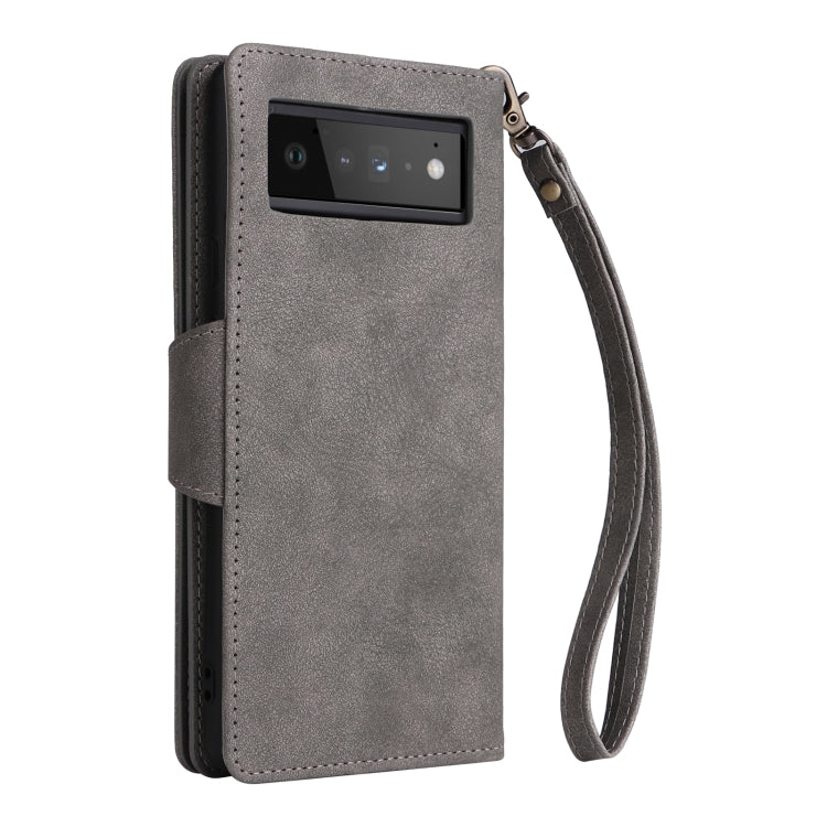For Google Pixel 6 Pro Rivet Buckle 9 Cards Three Fold Leather Phone Case(Grey) - Google Cases by PMC TechLife | Online Shopping South Africa | PMC TechLife | Buy Now Pay Later Mobicred