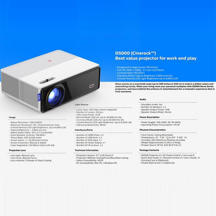 VIVIBRIGHT D5000 1920x1080P 420ANSI 6000Lumens LCD + LED HD Digital Projector, Basic Version US Plug - LED Projector by VIVIBRIGHT | Online Shopping South Africa | PMC Jewellery | Buy Now Pay Later Mobicred