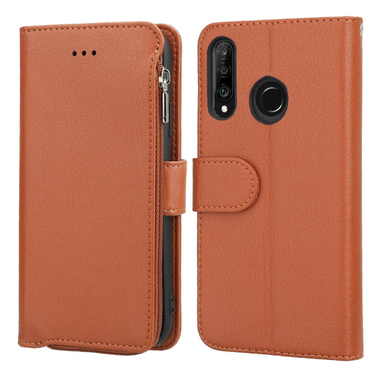 For Huawei P30 Lite Microfiber Zipper Horizontal Flip Leather Case(Brown) - Huawei Cases by PMC Jewellery | Online Shopping South Africa | PMC Jewellery | Buy Now Pay Later Mobicred