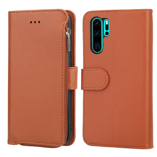 For Huawei P30 Pro Microfiber Zipper Horizontal Flip Leather Case(Brown) - Huawei Cases by PMC Jewellery | Online Shopping South Africa | PMC Jewellery | Buy Now Pay Later Mobicred