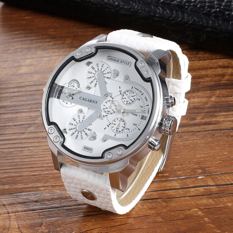 CAGARNY 6820 Round Large Dial Leather Band Quartz Dual Movement Watch For Men(Silver White Surface White Band) - Leather Strap Watches by CAGARNY | Online Shopping South Africa | PMC Jewellery | Buy Now Pay Later Mobicred