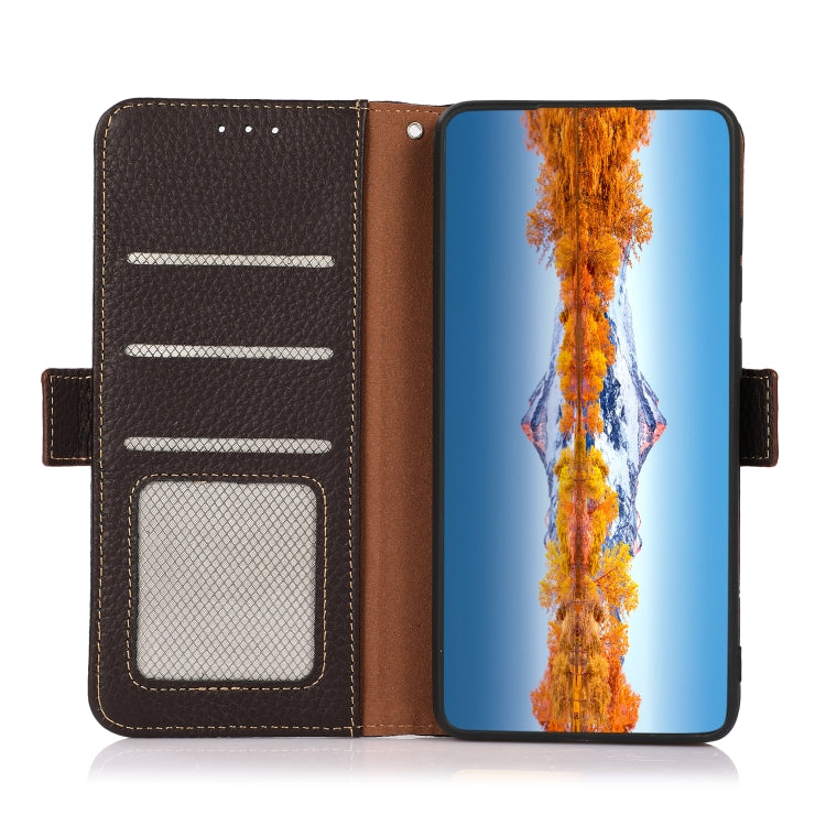 For Nokia C2 2nd Edition KHAZNEH Side-Magnetic Litchi Genuine Leather RFID Phone Case(Brown) - Nokia Cases by PMC TechLife | Online Shopping South Africa | PMC TechLife | Buy Now Pay Later Mobicred