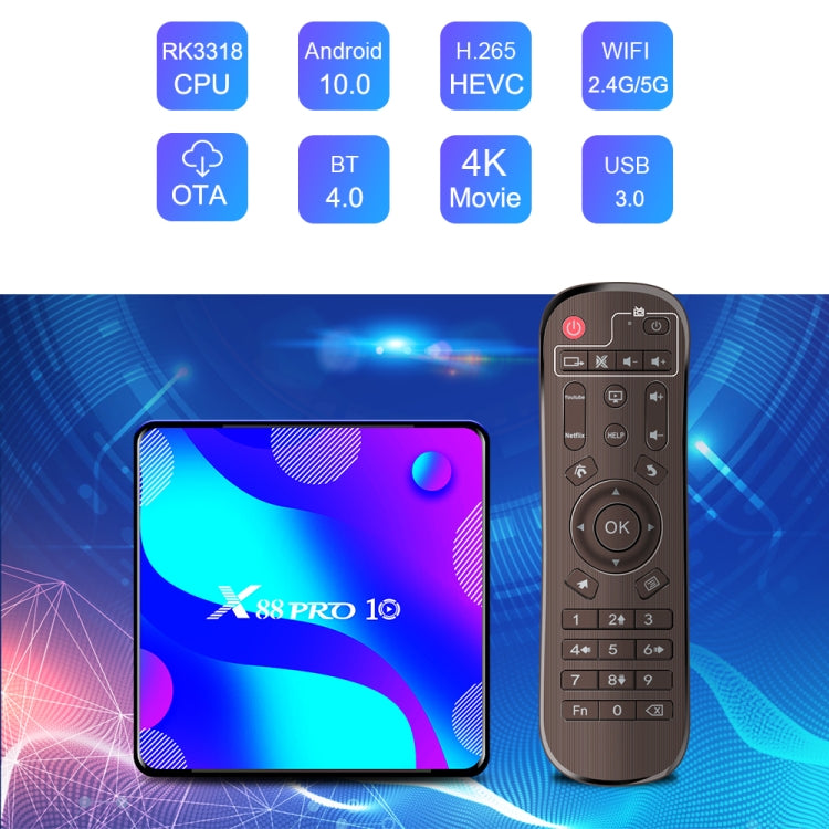 X88 PRO10 4K Smart TV BOX Android 11.0 Media Player, RK3318 Quad-Core 64bit Cortex-A53, RAM: 2GB, ROM: 16GB(EU Plug) - RK3318 by PMC Jewellery | Online Shopping South Africa | PMC Jewellery | Buy Now Pay Later Mobicred