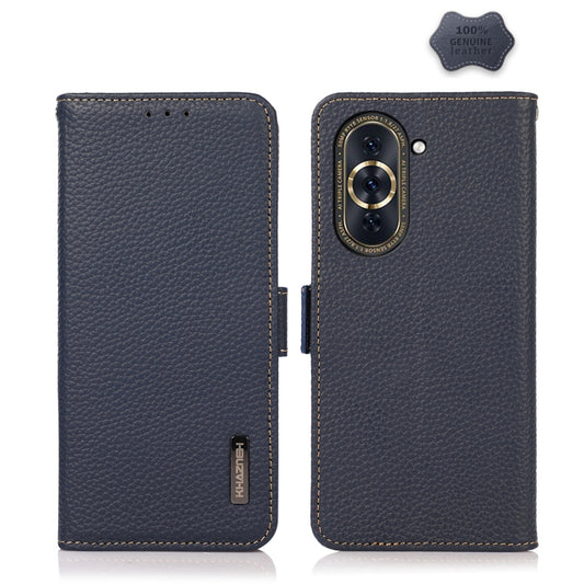 For Huawei Nova 10 KHAZNEH Side-Magnetic Litchi Genuine Leather RFID Phone Case(Blue) - Huawei Cases by PMC Jewellery | Online Shopping South Africa | PMC Jewellery | Buy Now Pay Later Mobicred