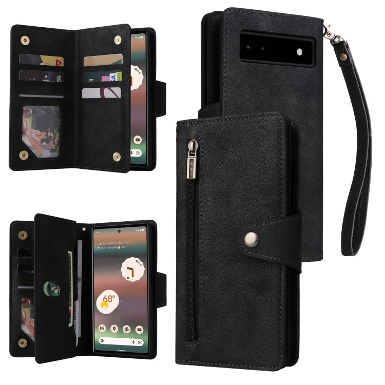 For Google Pixel 6a Rivet Buckle 9 Cards Three Fold Leather Phone Case(Black) - Google Cases by PMC TechLife | Online Shopping South Africa | PMC TechLife | Buy Now Pay Later Mobicred