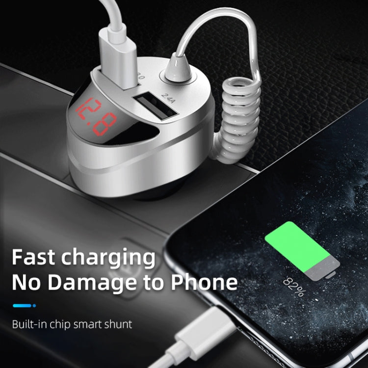 C68 LED Digital Display QC3.0 Fast Car Charger 3 in 1 with Spring Cable (Silver) - Car Charger by PMC TechLife | Online Shopping South Africa | PMC TechLife | Buy Now Pay Later Mobicred