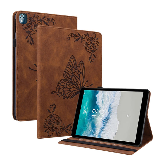 For Nokia T10 Butterfly Flower Embossed Leather Tablet Case(Brown) - Nokia by PMC Jewellery | Online Shopping South Africa | PMC Jewellery | Buy Now Pay Later Mobicred