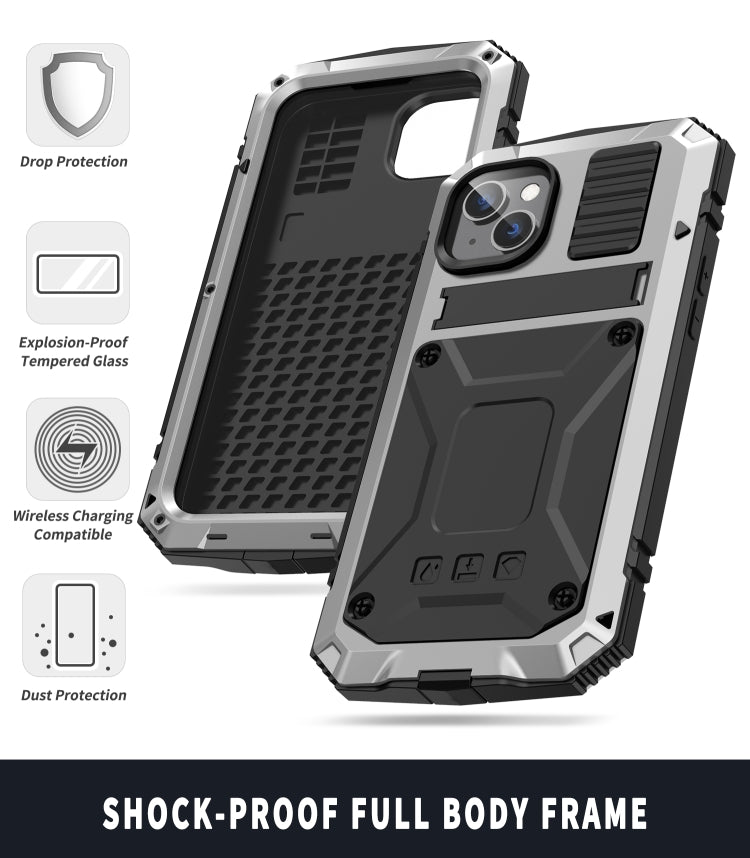 For iPhone 14 R-JUST Shockproof Waterproof Dust-proof Case with Holder (Silver) - free shipping - PMC TechLife - Order now!