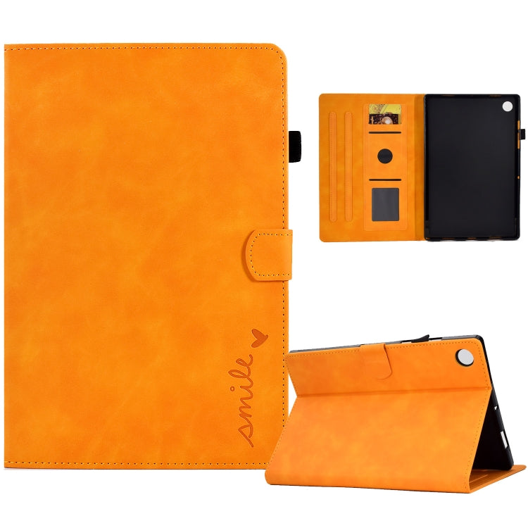 For Lenovo M10 Plus Embossed Smile Flip Tablet Leather Case(Khaki) - Lenovo by PMC TechLife | Online Shopping South Africa | PMC TechLife | Buy Now Pay Later Mobicred