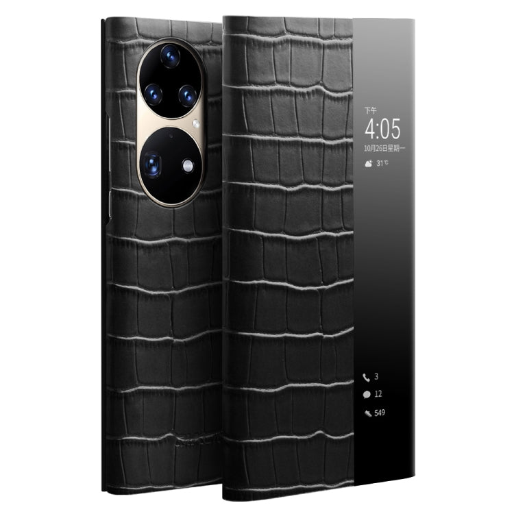For Huawei P50 QIALINO Crocodile Pattern Side Window View Genuine Leather Phone Case(Black) - free shipping - PMC TechLife - Order now!