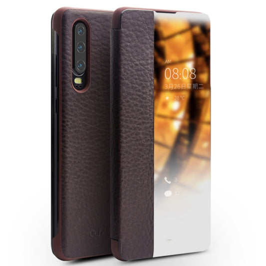 For Huawei P30 QIALINO Genuine Leather Side Window View Smart Phone Case(Brown) - Huawei Cases by QIALINO | Online Shopping South Africa | PMC Jewellery | Buy Now Pay Later Mobicred