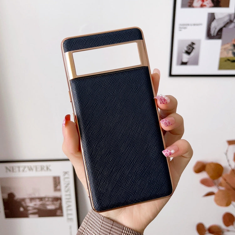 For Google Pixel 6 Nano Electroplating Cross Texture Genuine Leather Phone Case(Blue) - Google Cases by PMC TechLife | Online Shopping South Africa | PMC TechLife | Buy Now Pay Later Mobicred