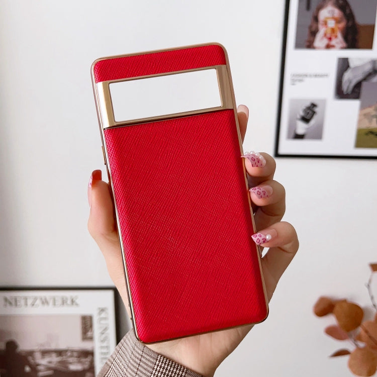 For Google Pixel 6 Nano Electroplating Cross Texture Genuine Leather Phone Case(Red) - Google Cases by PMC TechLife | Online Shopping South Africa | PMC TechLife | Buy Now Pay Later Mobicred