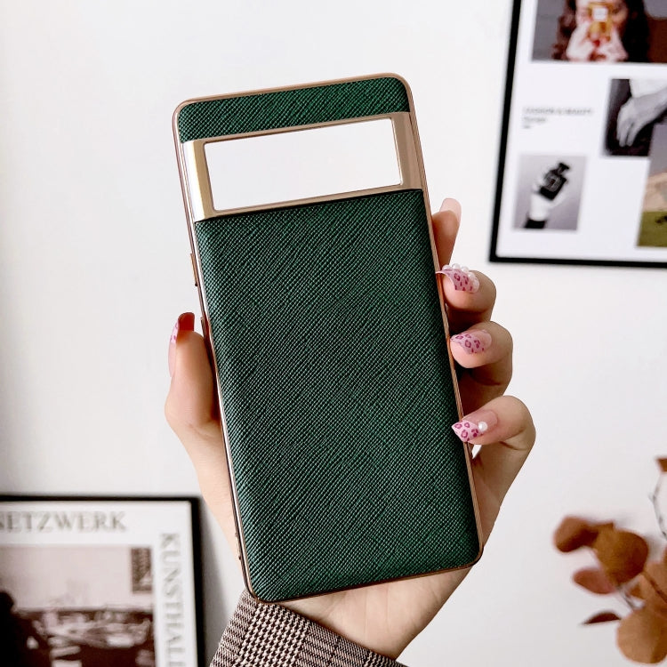 For Google Pixel 7 5G Nano Electroplating Cross Texture Genuine Leather Phone Case(Green) - Google Cases by PMC TechLife | Online Shopping South Africa | PMC TechLife | Buy Now Pay Later Mobicred