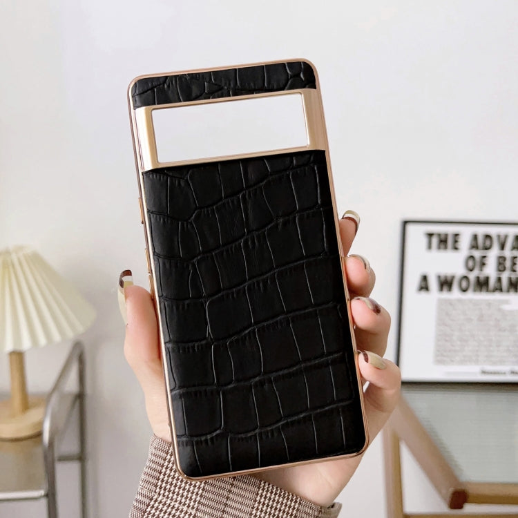 For Google Pixel 6 Pro Crocodile Texture Genuine Leather Electroplating Phone Case(Black) - Google Cases by PMC TechLife | Online Shopping South Africa | PMC TechLife | Buy Now Pay Later Mobicred