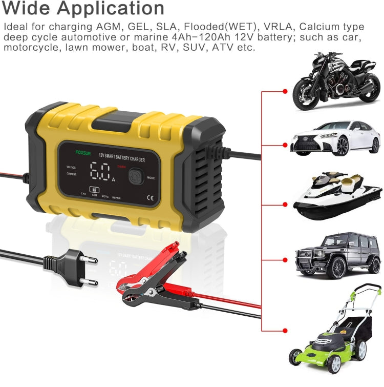 FOXSUR 6A 12V Motorcycle / Car Smart Battery Charger, Plug Type:UK Plug(Yellow) - Battery Charger by FOXSUR | Online Shopping South Africa | PMC Jewellery | Buy Now Pay Later Mobicred