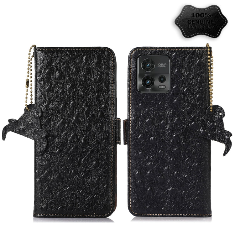 For Motorola Moto G72 4G Ostrich Pattern Genuine Leather RFID Phone Case(Black) - Motorola Cases by PMC TechLife | Online Shopping South Africa | PMC TechLife | Buy Now Pay Later Mobicred