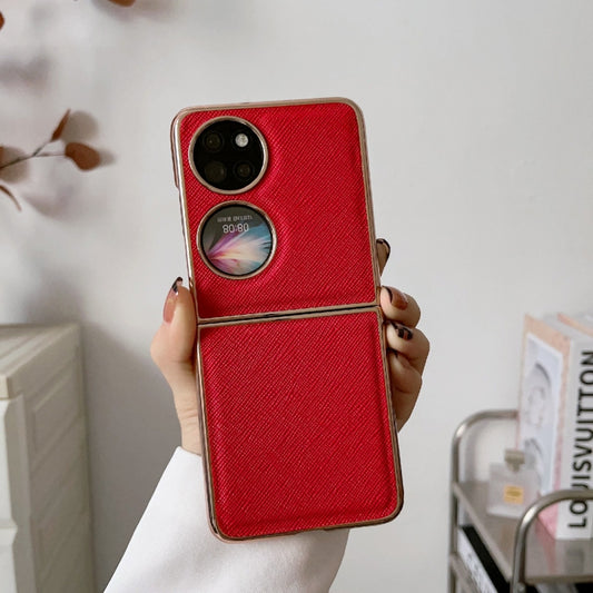 For Huawei P50 Pocket Nano Electroplating Cross Texture Genuine Leather Phone Case(Red) - Huawei Cases by PMC Jewellery | Online Shopping South Africa | PMC Jewellery | Buy Now Pay Later Mobicred