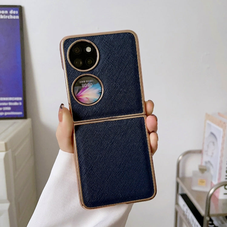 For Huawei P50 Pocket Nano Electroplating Cross Texture Genuine Leather Phone Case(Blue) - Huawei Cases by PMC TechLife | Online Shopping South Africa | PMC TechLife | Buy Now Pay Later Mobicred