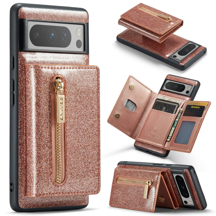 For Google Pixel 8 Pro DG.MING M3 Series Glitter Powder Card Bag Leather Case(Rose Gold) - Google Cases by DG.MING | Online Shopping South Africa | PMC TechLife | Buy Now Pay Later Mobicred