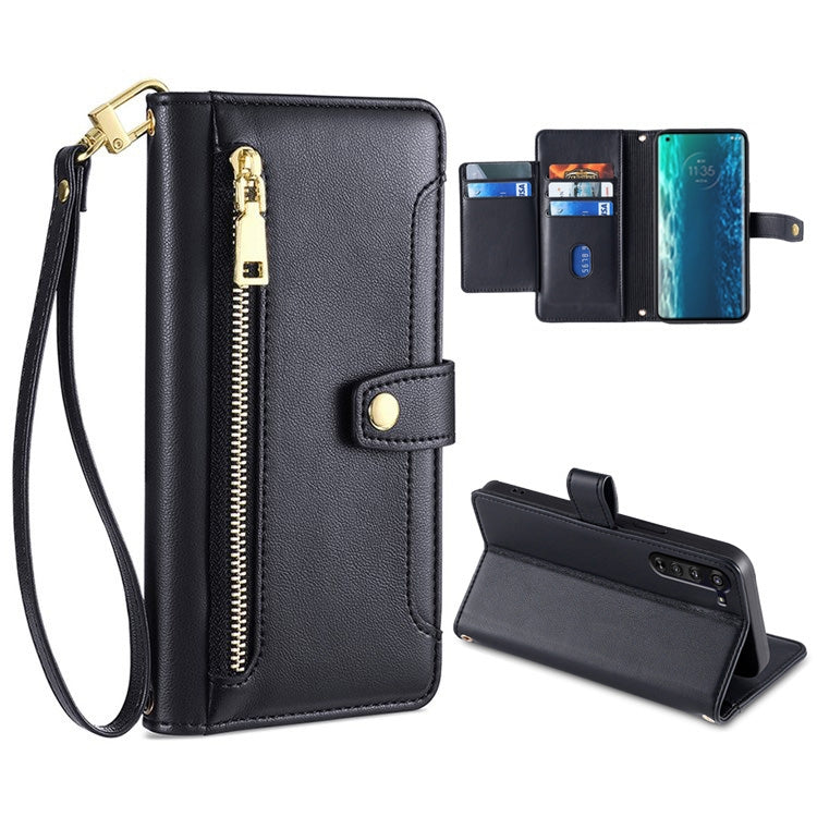 For Motorola Edge Sheep Texture Cross-body Zipper Wallet Leather Phone Case(Black) - Motorola Cases by PMC TechLife | Online Shopping South Africa | PMC TechLife | Buy Now Pay Later Mobicred