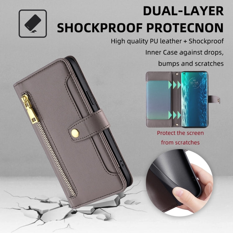 For Motorola Edge Sheep Texture Cross-body Zipper Wallet Leather Phone Case(Grey) - Motorola Cases by PMC TechLife | Online Shopping South Africa | PMC TechLife | Buy Now Pay Later Mobicred
