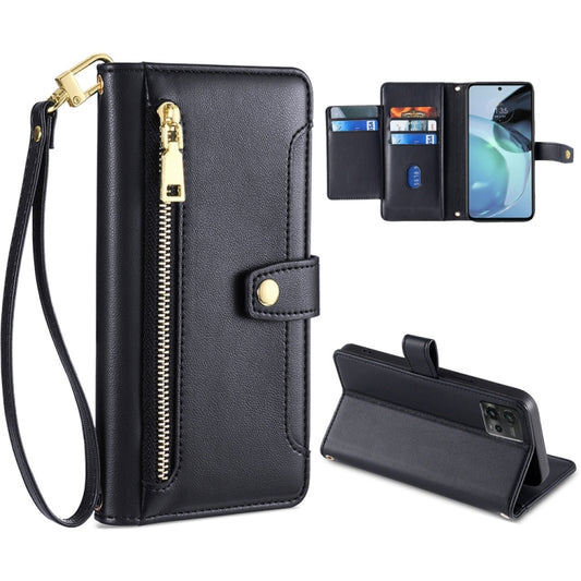 For Motorola Moto G72 4G Sheep Texture Cross-body Zipper Wallet Leather Phone Case(Black) - Motorola Cases by PMC Jewellery | Online Shopping South Africa | PMC Jewellery | Buy Now Pay Later Mobicred