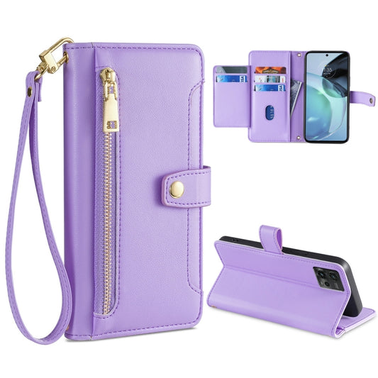 For Motorola Moto G72 4G Sheep Texture Cross-body Zipper Wallet Leather Phone Case(Purple) - Motorola Cases by PMC Jewellery | Online Shopping South Africa | PMC Jewellery | Buy Now Pay Later Mobicred