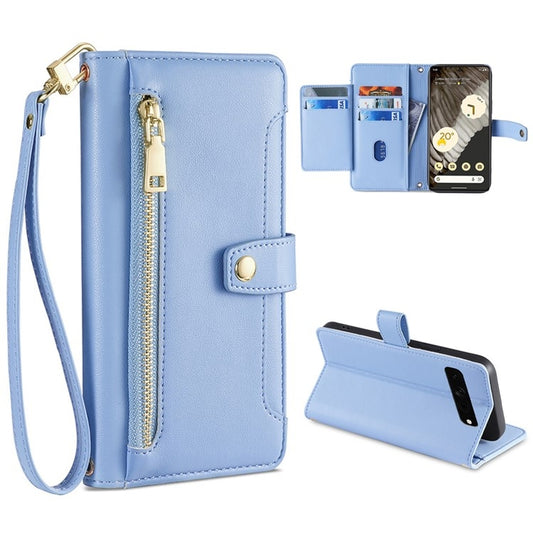 For Google Pixel 7 Pro Sheep Texture Cross-body Zipper Wallet Leather Phone Case(Blue) - Google Cases by PMC Jewellery | Online Shopping South Africa | PMC Jewellery | Buy Now Pay Later Mobicred