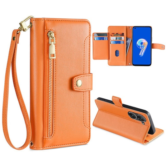 For ASUS Zenfone 9 / Zenfone 9Z Sheep Texture Cross-body Zipper Wallet Leather Phone Case(Orange) - ASUS Cases by PMC Jewellery | Online Shopping South Africa | PMC Jewellery | Buy Now Pay Later Mobicred