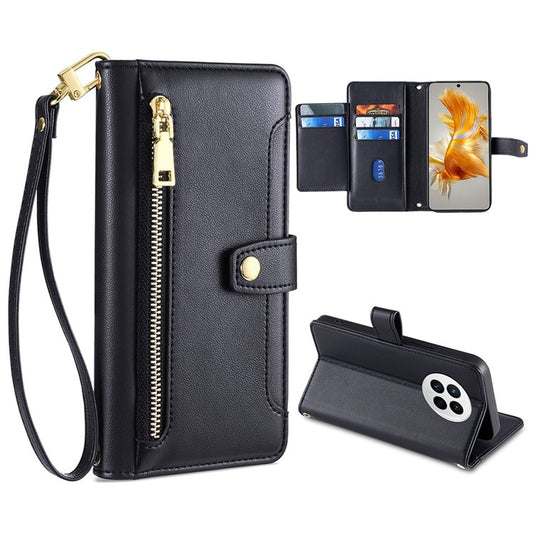 For Huawei Mate 50 Sheep Texture Cross-body Zipper Wallet Leather Phone Case(Black) - Huawei Cases by PMC Jewellery | Online Shopping South Africa | PMC Jewellery | Buy Now Pay Later Mobicred