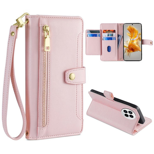 For Huawei Mate 50 Sheep Texture Cross-body Zipper Wallet Leather Phone Case(Pink) - Huawei Cases by PMC Jewellery | Online Shopping South Africa | PMC Jewellery | Buy Now Pay Later Mobicred