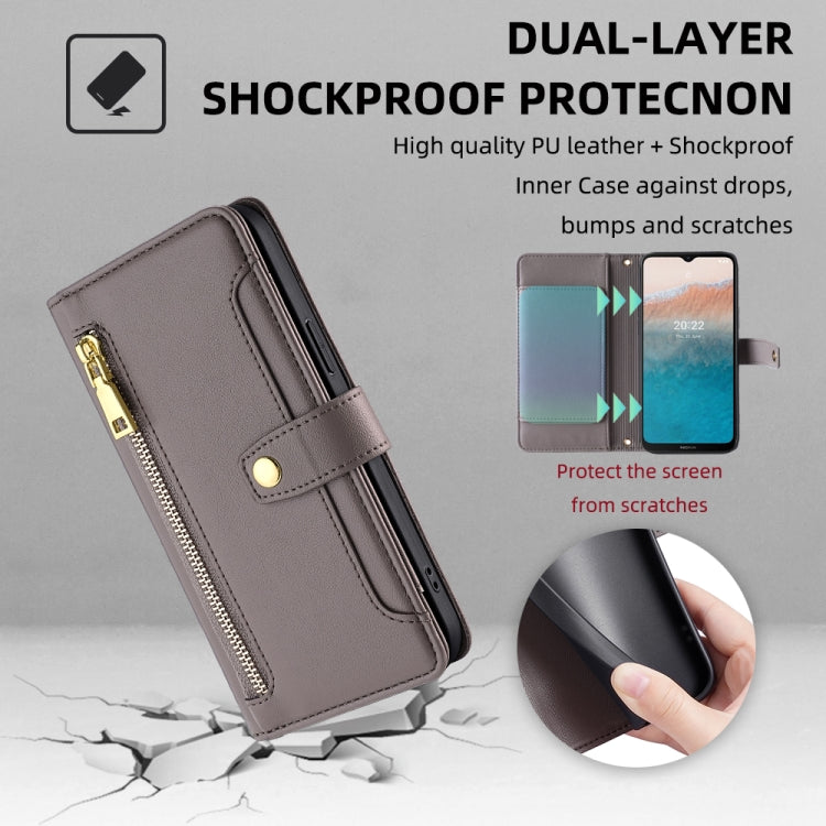 For Nokia C21 Plus Sheep Texture Cross-body Zipper Wallet Leather Phone Case(Grey) - Nokia Cases by PMC TechLife | Online Shopping South Africa | PMC TechLife | Buy Now Pay Later Mobicred