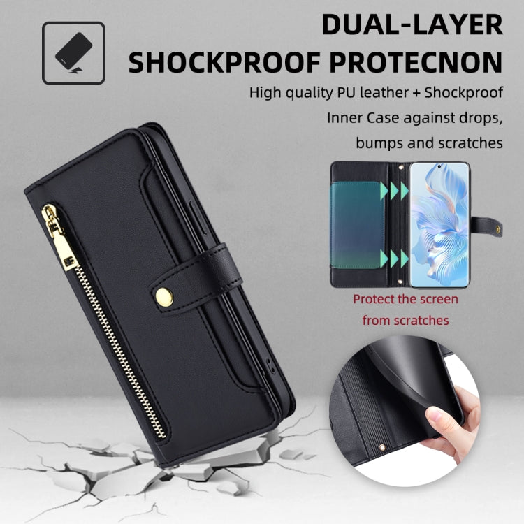 For Honor 80 Sheep Texture Cross-body Zipper Wallet Leather Phone Case(Black) - Honor Cases by PMC TechLife | Online Shopping South Africa | PMC TechLife | Buy Now Pay Later Mobicred