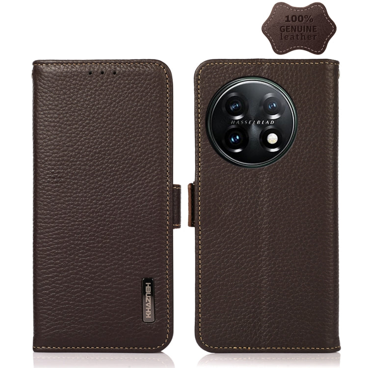 For OnePlus 11 KHAZNEH Side-Magnetic Litchi Genuine Leather RFID Phone Case(Brown) - OnePlus Cases by PMC TechLife | Online Shopping South Africa | PMC TechLife | Buy Now Pay Later Mobicred