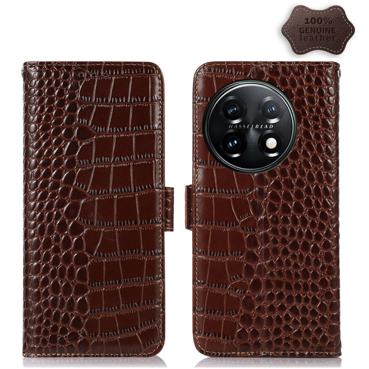 For OnePlus 11 5G Crocodile Top Layer Cowhide RFID Leather Phone Case(Brown) - OnePlus Cases by PMC TechLife | Online Shopping South Africa | PMC TechLife | Buy Now Pay Later Mobicred