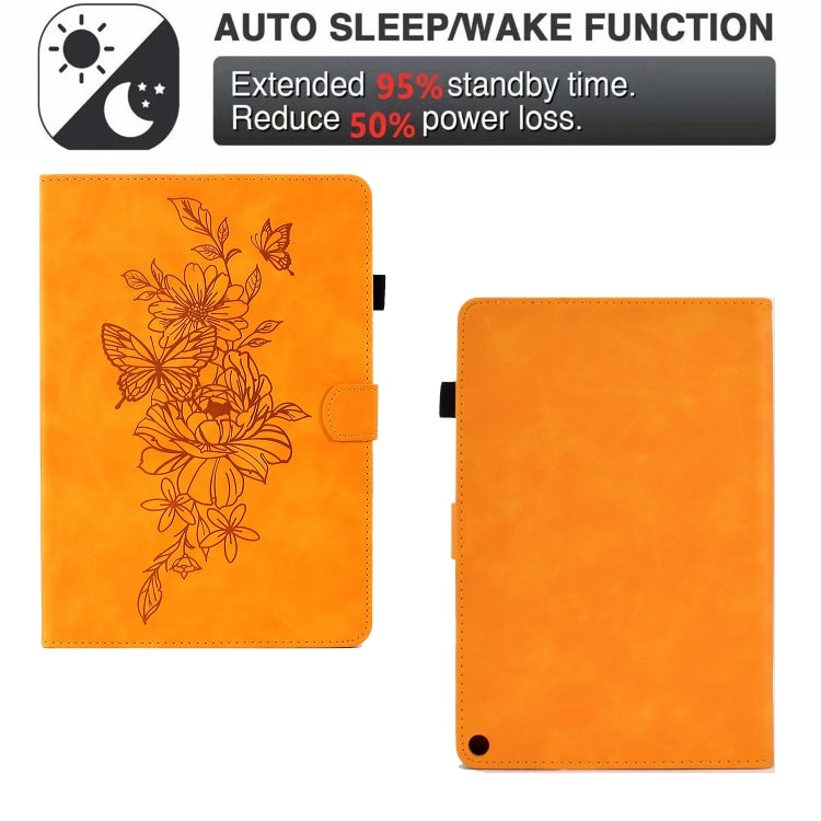 For Amazon Kindle Fire HD10 2021 Peony Butterfly Embossed Leather Smart Tablet Case(Khaki) - Amazon by PMC TechLife | Online Shopping South Africa | PMC TechLife | Buy Now Pay Later Mobicred