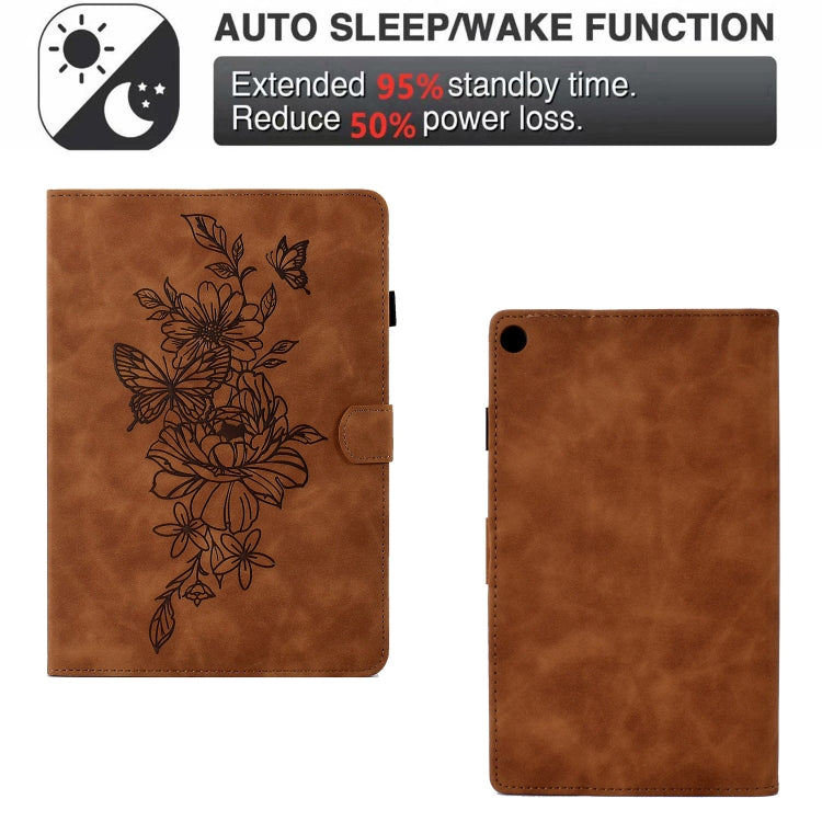 For Amazon Kindle Fire HD8 2018/2017/2016 Peony Butterfly Embossed Leather Smart Tablet Case(Brown) - Amazon by PMC TechLife | Online Shopping South Africa | PMC TechLife | Buy Now Pay Later Mobicred