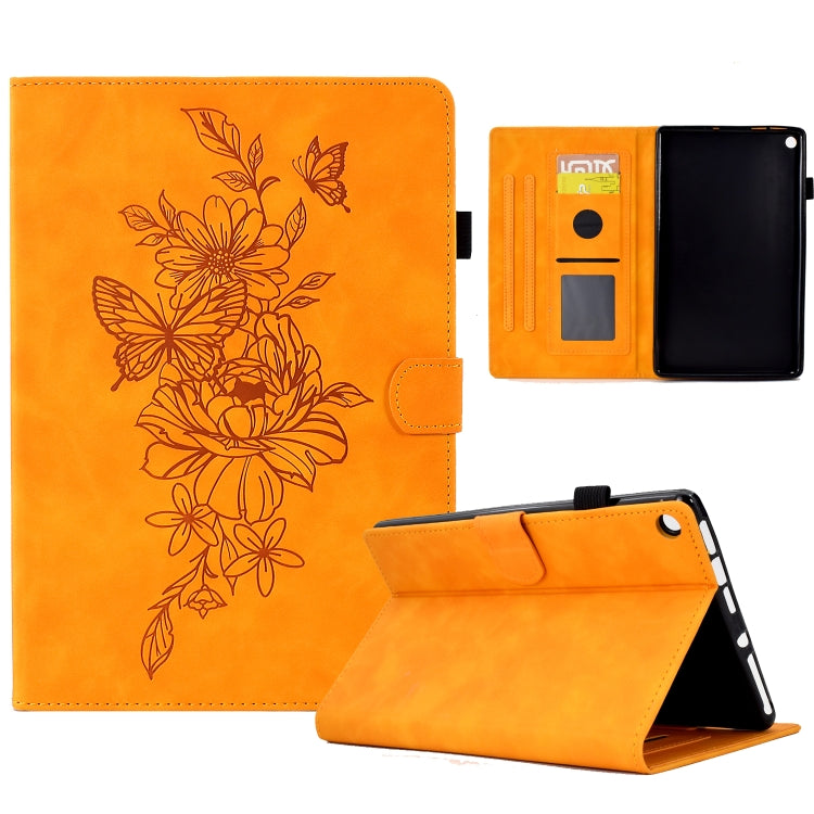 For Amazon Kindle Fire HD8 2018/2017/2016 Peony Butterfly Embossed Leather Smart Tablet Case(Khaki) - Amazon by PMC TechLife | Online Shopping South Africa | PMC TechLife | Buy Now Pay Later Mobicred