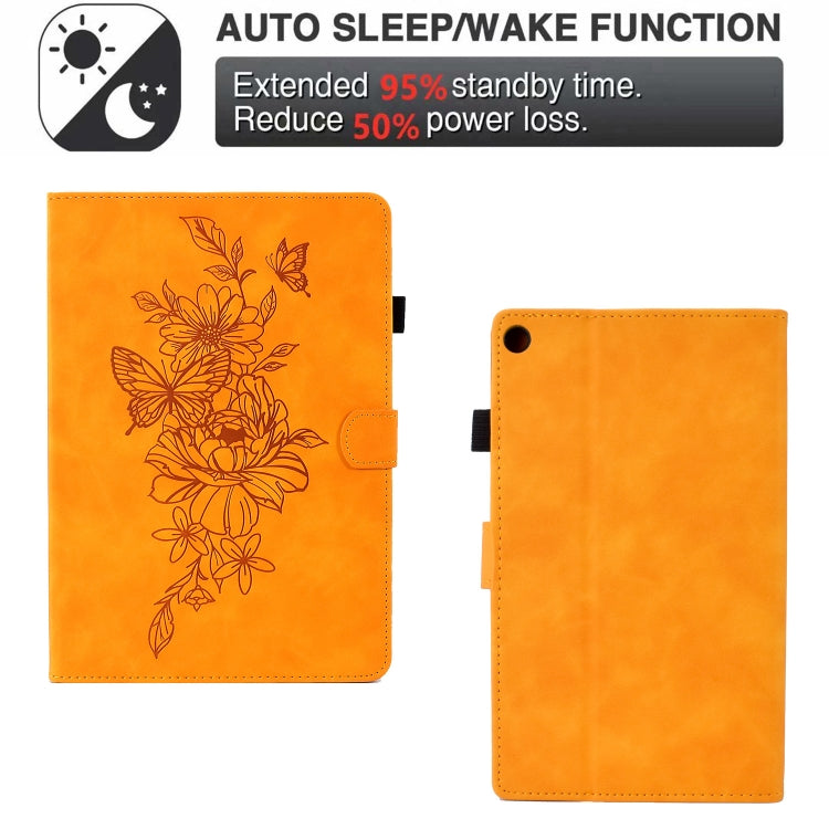 For Amazon Kindle Fire HD8 2018/2017/2016 Peony Butterfly Embossed Leather Smart Tablet Case(Khaki) - Amazon by PMC TechLife | Online Shopping South Africa | PMC TechLife | Buy Now Pay Later Mobicred