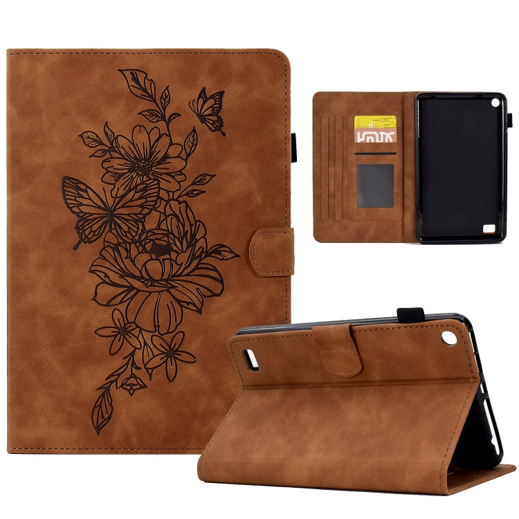 For Amazon Kindle Fire 7 2019/2017/2015 Peony Butterfly Embossed Leather Smart Tablet Case(Brown) - Amazon by PMC TechLife | Online Shopping South Africa | PMC TechLife | Buy Now Pay Later Mobicred