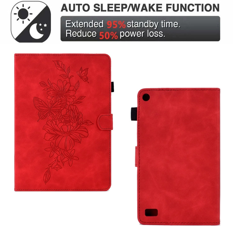 For Amazon Kindle Fire 7 2019/2017/2015 Peony Butterfly Embossed Leather Smart Tablet Case(Red) - Amazon by PMC TechLife | Online Shopping South Africa | PMC TechLife | Buy Now Pay Later Mobicred