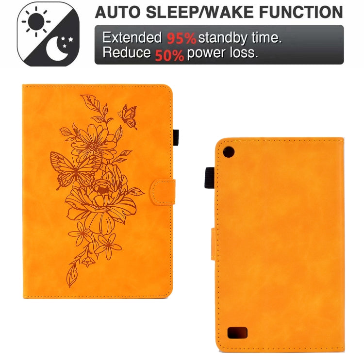 For Amazon Kindle Fire 7 2019/2017/2015 Peony Butterfly Embossed Leather Smart Tablet Case(Khaki) - Amazon by PMC TechLife | Online Shopping South Africa | PMC TechLife | Buy Now Pay Later Mobicred