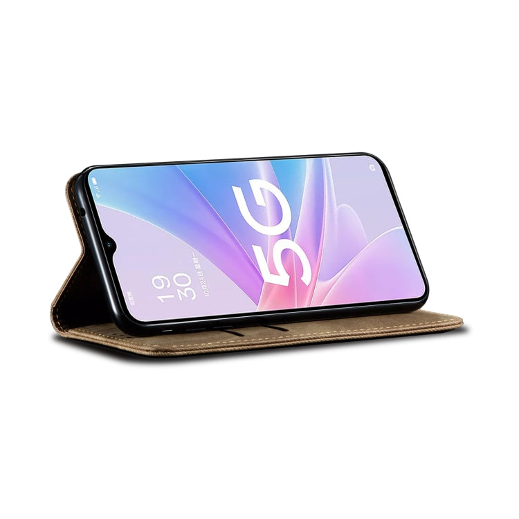 For OPPO A58 5G / A58x / A78 5G Denim Texture Leather Phone Case(Khaki) - OPPO Cases by PMC TechLife | Online Shopping South Africa | PMC TechLife | Buy Now Pay Later Mobicred
