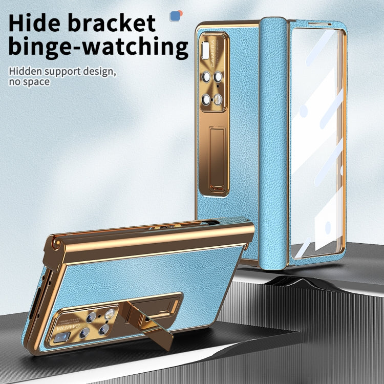 For Huawei Mate X2 Litchi Pattern Magnetic Shell Film Integrated Shockproof Phone Case(Blue Gold) - Huawei Cases by PMC TechLife | Online Shopping South Africa | PMC TechLife | Buy Now Pay Later Mobicred